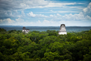 Aufstieg der Maya Kultur in Tikal. Wunderschöner Blick über den Jungel von Tikal. Die Spitzen der Maya Pyramiden schauen aus dem Jungel heraus.